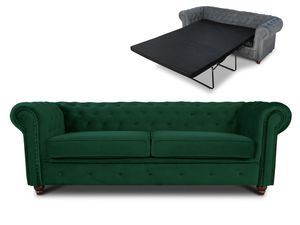 Schlafsofa Chesterfield Asti Bis 3-Sitzer, Sofa mit Schlaffunktion, Couch 3-er, Couchgarnitur, Sofagarnitur, Holzfüße - Glamour Design, Velours (Dunkelgrün (Velvet 78))