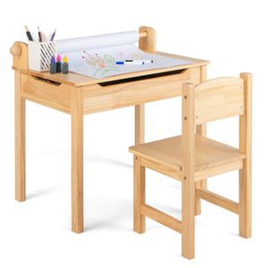 Detský písací stôl COSTWAY so stoličkou, detský písací stôl so skladacou doskou, držiak na papierové rolky (prírodný)