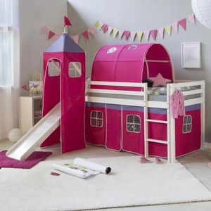Homestyle4u 1577, Detská podkrovná posteľ so šmykľavkou, rebríkom, vežou, tunelom, záclona ružová, masívne drevo borovica biela, 90x200 cm