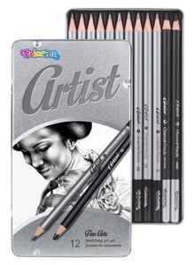 COLORINO Kunstset 12 Bleistifte + Zeichenkohle in Metallverpackung Schulsachen Künstlerbedarf Kinder Jugendliche
