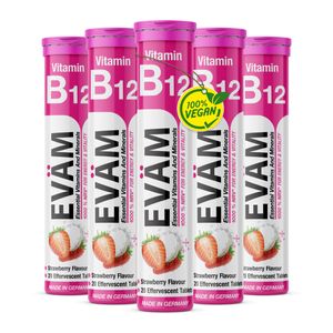 EVÄM Witamina B12 tabletki musujące smak truskawkowy 5x 20 sztuk Witamina B12 w wysokiej dawce suplement diety wspomagający układ odpornościowy