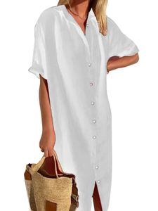 Damen Revers Blusenkleider Kurzarm Maxikleider Baumwolle Leinen Hemdkleid Mit Tasche Weiß,Größe L
