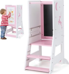 GOPLUS Lernturm Kinder, Mehrzweck-Tritthocker aus Holz mit 3 verstellbare Höhen, Lernstuhl Baby mit Whiteboard, Tafel, 3 Stiften, für Kinder ab 1 Jahren, 37 x 50 x 87 cm (Rosa)