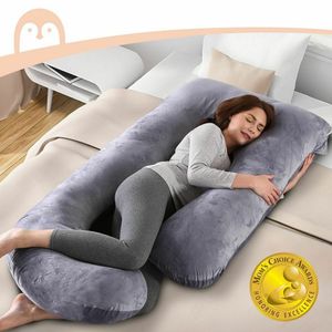 Těhotenský polštář Topchances Side Sleeper Pillow Nursing Pillow 100% bavlněný potah, velký J tvar celotělový těhotenský polštář (Velvet | Dark Grey)