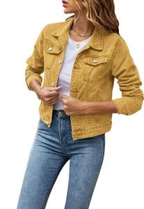 ASKSA Dámská džínová bunda Lehká krátká bunda Denim Jean Outwear Dlouhý kabát, žlutá, L