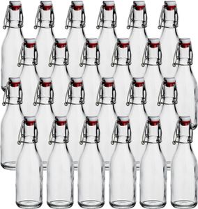 gouveo 24er Set Glasflaschen 250 ml rund mit Bügelverschluss rot - Kleine Bügelflasche zum Befüllen - Bügelverschlussflasche, Likörflasche, Schnapsflasche, Saftflasche