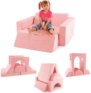 COSTWAY Modulares Kindersofa, Spielsofa, Modulsofa mit abnehmbarem Bezug, Kleinkind-Couch für Kinderzimmer zum Spielen, Gestalten & Schlafen (Rosa)