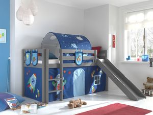 Vipack Spielbett Pino inkl. Rutsche mit Textilset Vorhang, Tunnel und 3 Taschen "Astro"