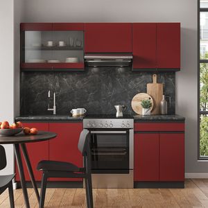 Livinity® Küchenzeile R-Line, 200 cm J-Shape, Rot/Anthrazit