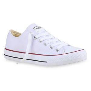 Mytrendshoe Damen Sneakers Freizeit Schuhe Stoffschuhe Sportschuhe 815215, Farbe: Weiß Rotstreifen Lucky, Größe: 36