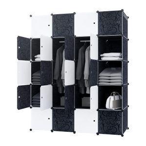 TRMLBE Kleiderschrank Schwarz Weiß DIY Regalsystem aus Kunststoff Garderobenschrank Steckregal Steckregalsystem mit Tür Kunststoffschrank (20 Würfeln, mit 2 Kleiderstange)
