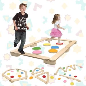 YARDIN Holz Balancierbalken mit 6 Balanciersteine für Kinder, Balance Board Schwebebalken Frei Kombinierbar für Drinnen und Draußen
