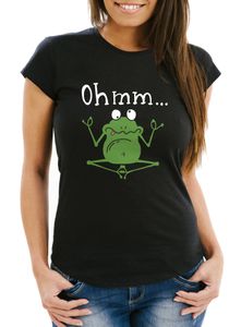 Damen T-Shirt Frosch Yoga Ohmm Parodie Ironie Fun-Shirt Bedruckt Aufdruck Spruch lustig Moonworks® schwarz L