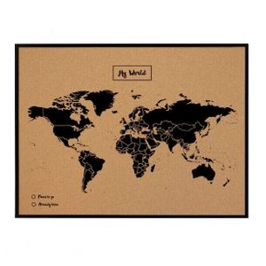 Kork Pinnwand Weltkarte 60x90cm mit schwarzem Weltkartendruck in schwarzem MDF-R