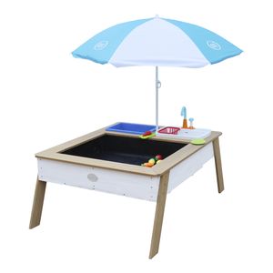 AXI Linda Sand & Wassertisch aus Holz mit Spielküchenspüle | Matschtisch / Spielküche / Wasserspieltisch / Sandtisch für Kinder in Braun & Weiß mit Sonnenschirm
