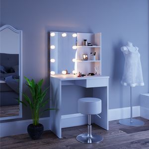 Livinity® Toaletný stolík Dekos, 75 cm s LED osvetlením a stoličkou, biely