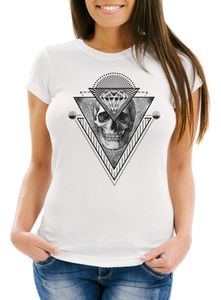 Damen T-Shirt Totenkopf Skull Diamond Diamant Slim Fit Moonworks® weiß L