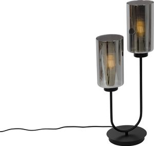 QAZQA - Art Deco Art-Deco-Tischlampe schwarz mit Rauchglas 2-flammig – Laura I Wohnzimmer I Schlafzimmer - Länglich - LED geeignet E27
