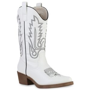 VAN HILL Damen Stiefel Cowboystiefel Stickereien Boots Spitze Schuhe 839883, Farbe: Weiß Schwarz, Größe: 38