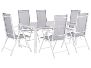 BELIANI Gartenmöbel Set Grau Glas Aluminium Stoffbespannung 7-Teilig 6-Sitzer Modern Tisch 160 x 91 cm und 6 Stühle Terrasse Outdoor Ausstattung