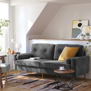 VASAGLE 3-Sitzer Sofa, Sofa Couch,190 x 82 x 84 cm, Couch für Wohnzimmer, Bezug aus Samt, kleinen Raum, Holzgestell, Metallbeine, einfacher Aufbau, grau LCS001G01