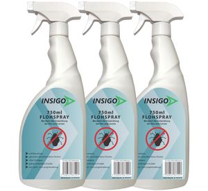 INSIGO 3x750ml Anti-Flohspray, Mittel gegen Flöhe, Flohschutz, Katzenfloh, Hundefloh, Insektenschutz, gegen Ungeziefer & Parasiten, Innen & Außen
