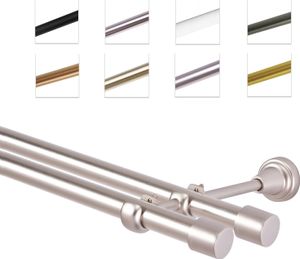 Gardinenstange Vorhangstange 19 mm mit Endkappen, einfache Montage,  Wand, 2-läufig, Chrom Matt, 200 cm