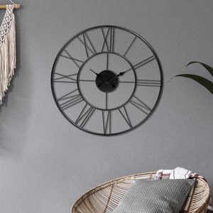 WOMO-DESIGN Velké nástěnné hodiny s římskými číslicemi, Ø 92 cm, černé, ze železa a mangového dřeva, vintage styl, tiché, bez tikání, designové hodiny dekorativní hodiny designové hodiny