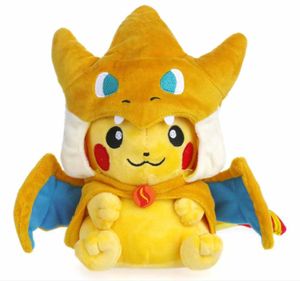 Pokemon Pikachu Plüschtier mit Mega Glurak Y Umhang Pikazard Kuscheltier Kleiner gelber Hut geschlossen Pikachu 23cm