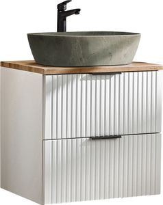 Badmöbel Waschtisch Unterschrank Set 60 cm matt weiß mit Wotaneiche, 2 Softclose Schubkästen, Keramik-Waschbecken Betonoptik