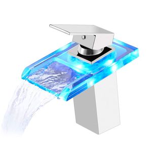 Auralum LED Wasserhahn Wasserfall Led Glass Waschtischarmatur mit RGB 3 Farbewechsel