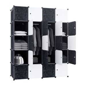 Kleiderschrank Schwarz Weiß DIY Regalsystem aus Kunststoff Garderobenschrank Steckregal Steckregalsystem (20 Würfeln, mit 2 Kleiderstange) CEEDIR