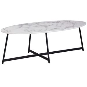 WOHNLING Designový konferenční stolek oválný 120x60 cm s mramorovým vzhledem bílý, obývací stůl s kovovými nohami černý, velký odkládací stolek