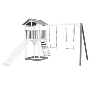 AXI Beach Tower Spielturm aus Holz in Weiß & Grau | Spielhaus für Kinder mit weißer Rutsche, Doppelschaukel und Sandkasten | Stelzenhaus für den Garten