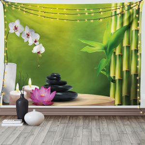 ABAKUHAUS Spa Wandteppich, Bambus Blume Orchidee Stein, Wohnzimmer Schlafzimmer Heim Seidiges Satin Wandteppich, 200 x 150 cm, Farngrün Fuchsienfarben Weiß