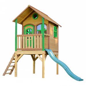 AXI Spielhaus Laura mit grüner Rutsche | Stelzenhaus in Braun & Grün aus  Holz für Kinder | Spielturm mit Wellenrutsche für den Garten