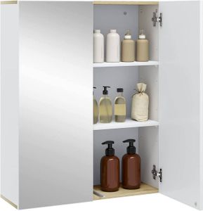 EUGAD Spiegelschrank Bad, Badezimmerschrank hängend, Hängeschrank mit Doppeltür, Wandschrank mit verstellbaren Einlegeböden, 60x75x21 cm, weiß und helle Eiche