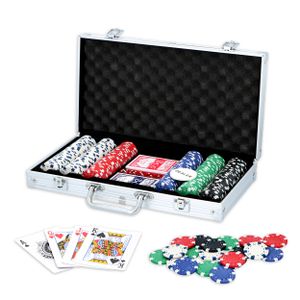 Pokerová súprava, pokerová súprava v kufríku so zámkom na pracku, hliníkový pokerový kufrík s 300 žetónmi, hracími kartami a kockami pre 4-5 hráčov, viacfarebný