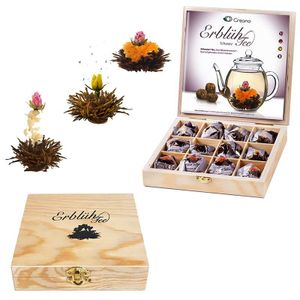 Creano Teeblumen Geschenkset in Holz-Präsentbox Schwarzer Tee 12 Erblühtee in 3 Sorten