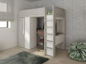 Hochbett mit Schreibtisch & Kleiderschrank - 90 x 200 cm - Holzfarben Grau & Weiß - NICOLAS