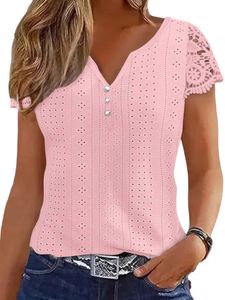Damen Blusen Kurzarm Tops Sommer Tshirt Weiches Atmungsaktiv V-Ausschnitt Tee Oberteile Rosa,Größe L