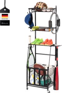 eluno Sportgerätewagen mit stabilen Ablageflächen, Körben und Haken, aus schwarzem Stahl