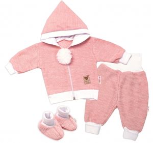 Baby Nellys  3-dílná souprava Hand made, pletený kabátek, kalhoty a botičky, růžová, vel.68