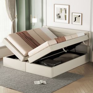 Flieks hydraulická čalouněná postel 180x200 cm s roštovým rámem, úložný box pružinová postel s úložným prostorem, manželská postel mládež postel dřevěná, povlečení, béžová barva