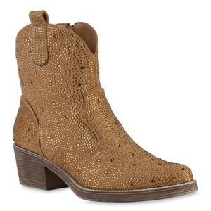 VAN HILL Damen Cowboy Boots Stiefeletten Spitze Strass Western Schuhe 840903, Farbe: Hellbraun, Größe: 38
