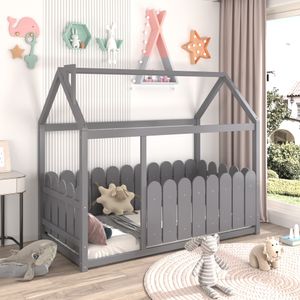 Merax Kinderbett Hausbett mit Rausfallschutz, Spielbett 80x160cm aus massivem Kiefernholz, Grau