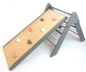 Kletterdreieck, Klettergerüst aus Holz für Kinder Sprossendreieck, Kinderrutsche | rosa-grau