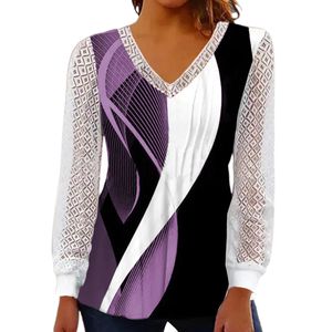 Damen Langarmshirts Hohlaus Pullover Lose V-Ausschnitt Oberteile Lässige Tunika Bluse  Violett,Größe:L