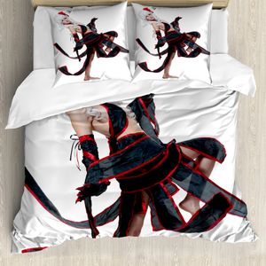 ABAKUHAUS Anime Bettbezug, Krieger Art-Mädchen, Milbensicher Allergiker geeignet mit Kissenbezügen, 200 cm x 200 cm - 80 x 80 cm, Rot, Weiß und Schwarz
