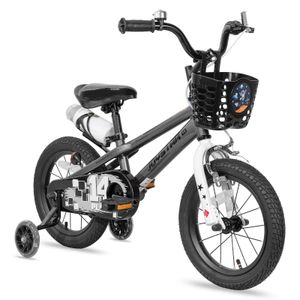 JOYSTAR Pluto 14 Zoll Kinderfahrrad mit beleuchteten Stützrädern, Korb, Flaschenhalter, Kinderfahrrad für Jungen und Mädchen 3-12 Jahre, Grau